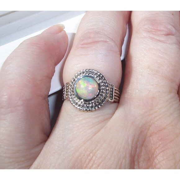 925 STERLING SILVER Genuine Round Ethiopian Opal Ring - Picture 5 of 14